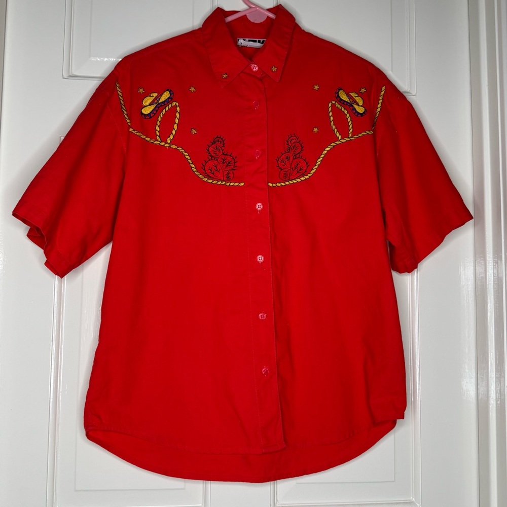Vintage Western Red Embroidered Button Down Shirt, Cowboy Hat,Ropes and Cactus